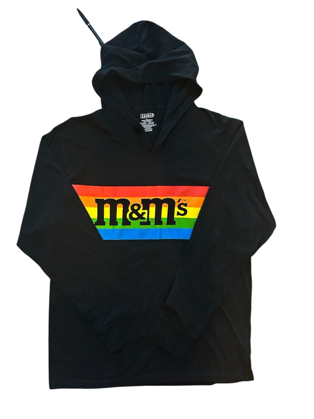 Women’s M&M'S Black Long Sleeved Hoodie Shirt with Rainbow Stripe Logo